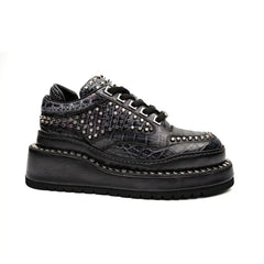Black Studded Crocodile Leather Platform Sneakers