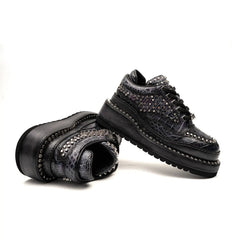 Black Studded Crocodile Leather Platform Sneakers