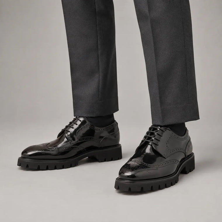 Black Wingtip Derby Shoes with Lug Sole