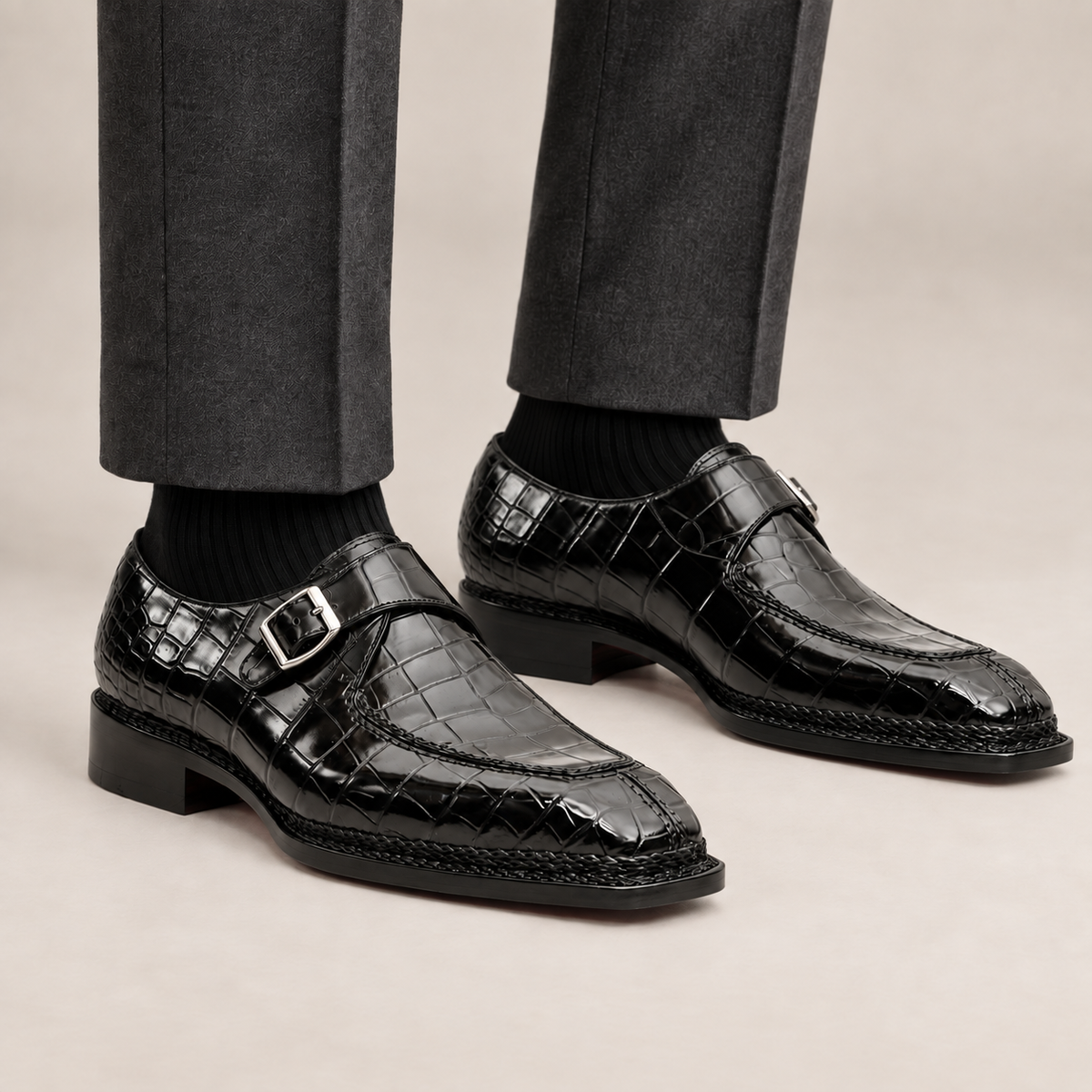 Black Textured Apron-Toe Monk-strap Shoe DIVINCH
