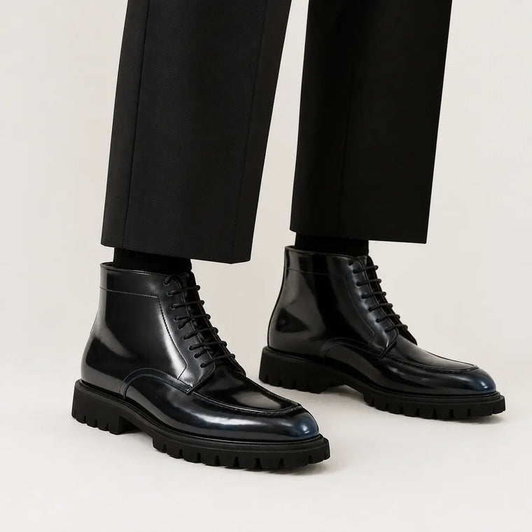 Black Apron-Toe Ankle Boot with Blue Toe Shading