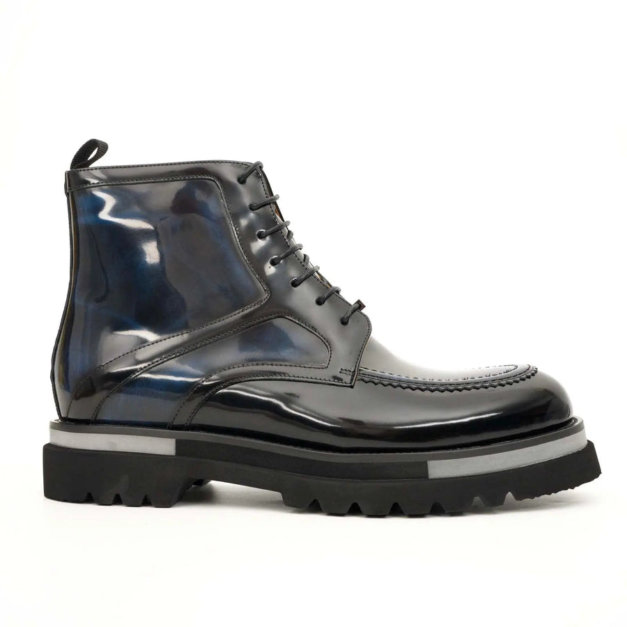Black BLUE Patent Leather Lace-Up Boots DIVINCH