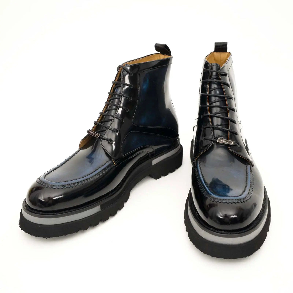 Black BLUE Patent Leather Lace-Up Boots DIVINCH
