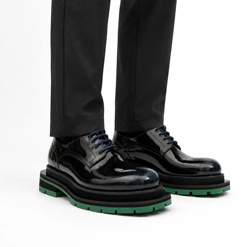 Black Blue Patent Derby with Green Lug Sole DIVINCH