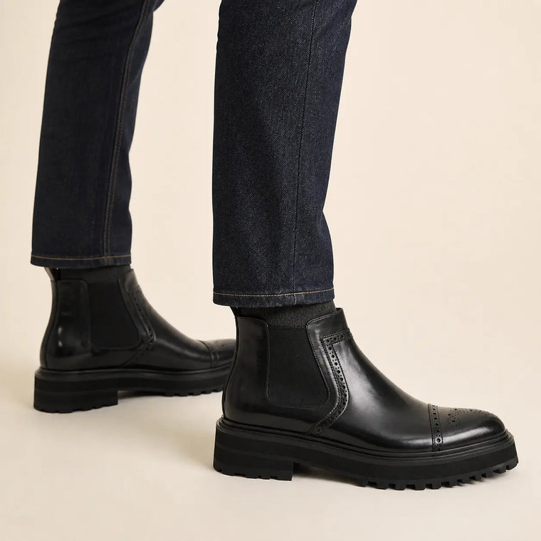 Black Lug Sole Cap-Toe Chelsea Ankle Boot