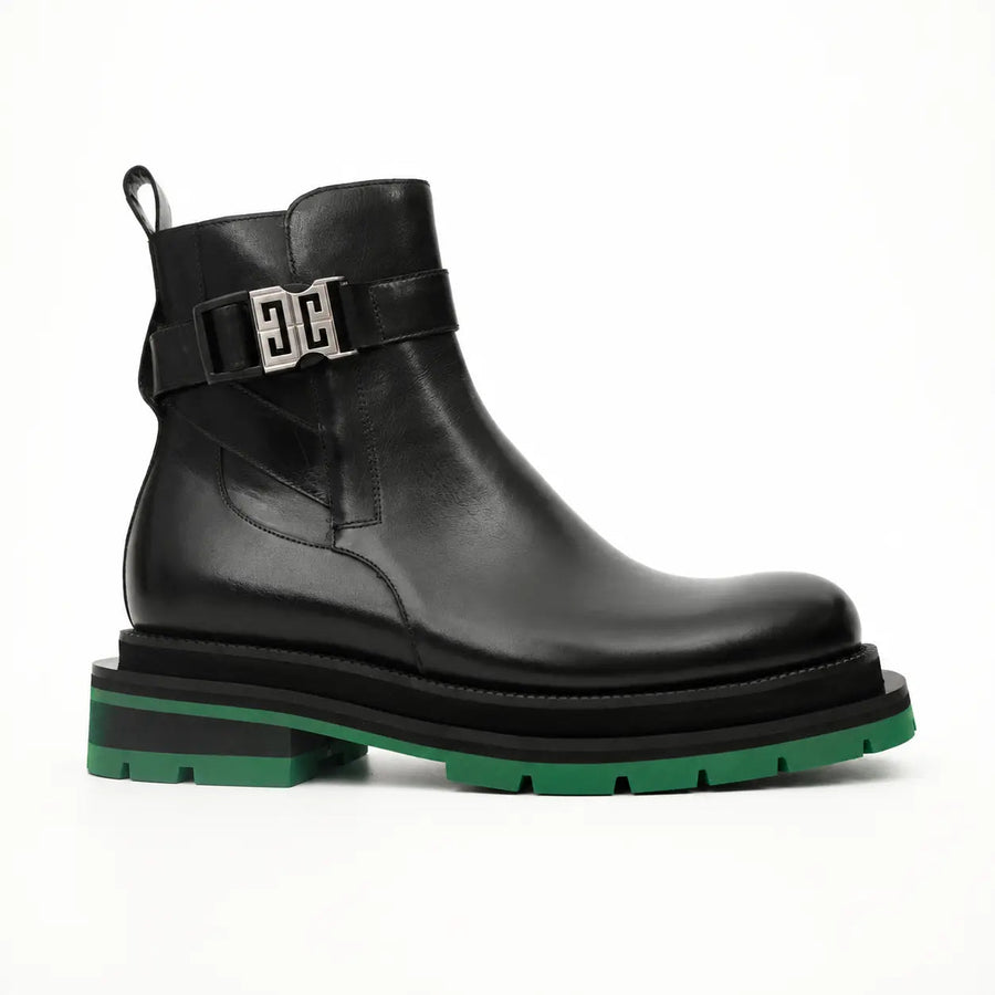 Black Buckle Boots Green Lug Sole DIVINCH