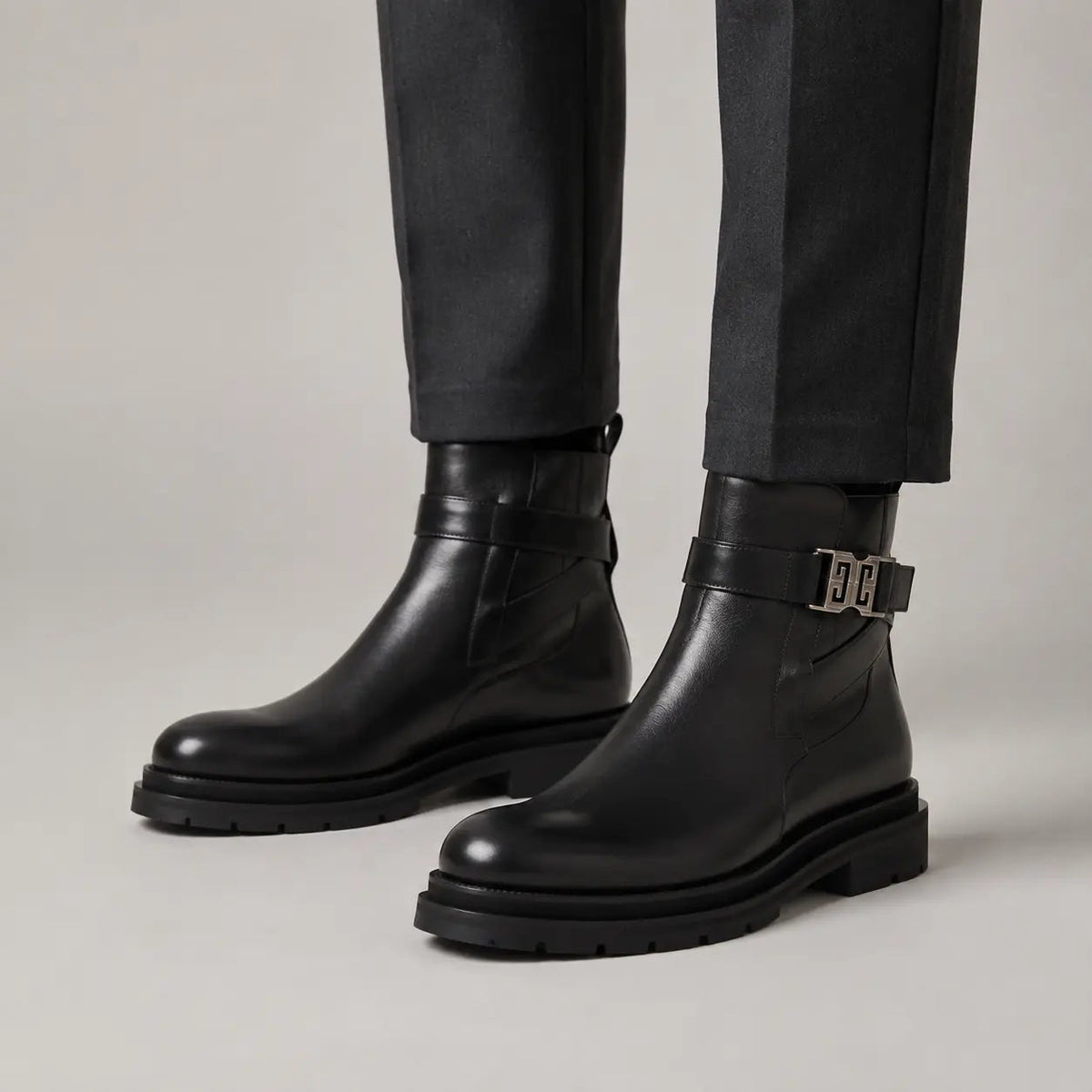 Black Buckle Zip Ankle Boots on-foot product photo