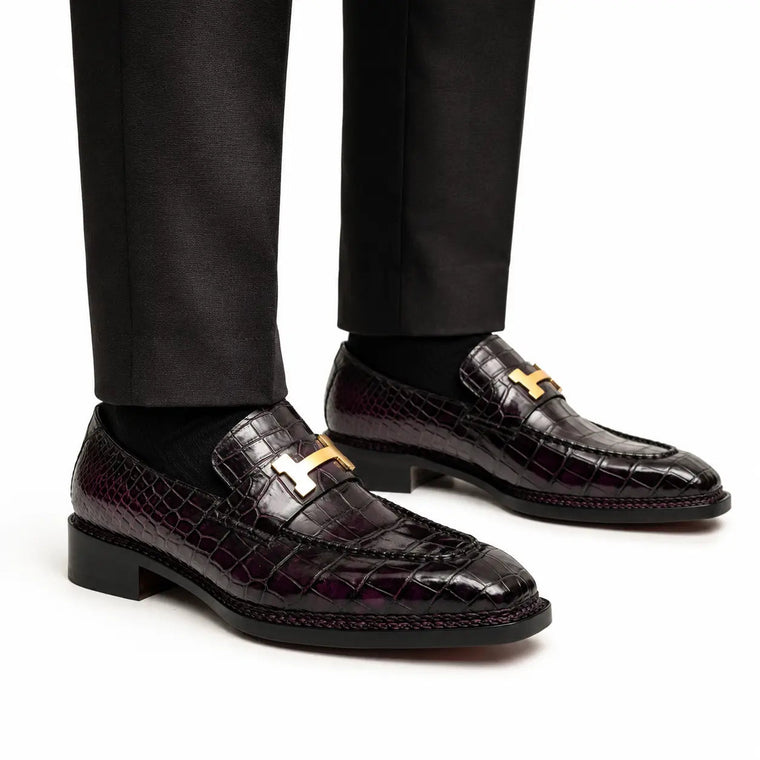 Black and Burgundy-Purple Textured Apron-Toe Bit Loafer