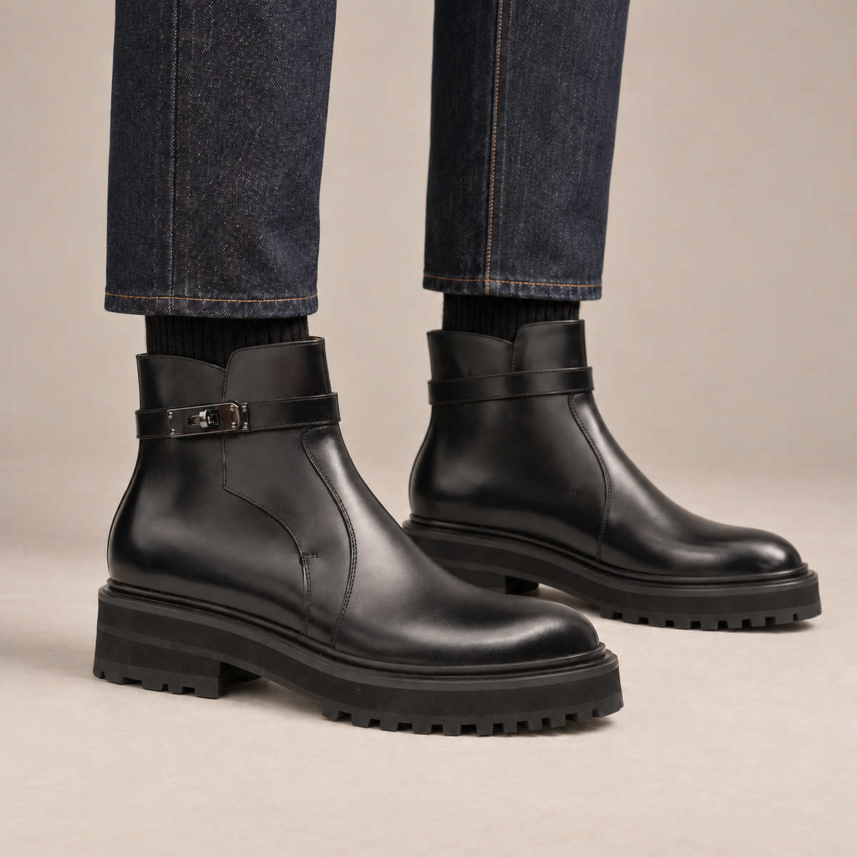 Black lug sole ankle boots with harness strap on foot