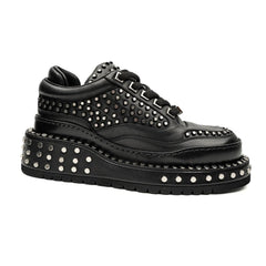 Black Studded Calf Leather Derby Shoes