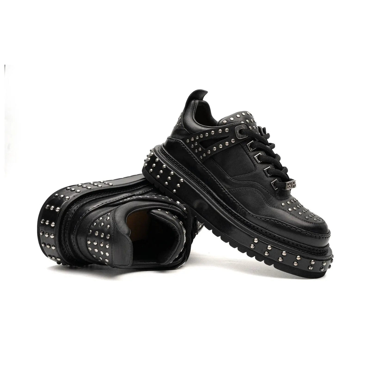 Black Calfskin Studded Platform Sneakers Divinch