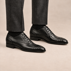 Glossy Black Crocodile Cap-Toe Derby Shoe DIVINCH