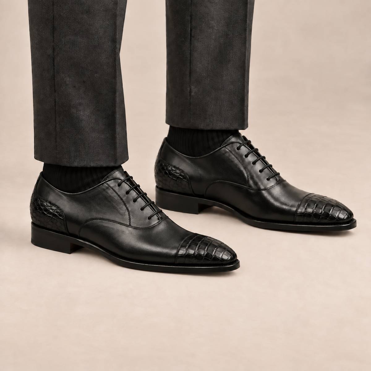 Glossy Black Crocodile Cap-Toe Derby Shoe DIVINCH