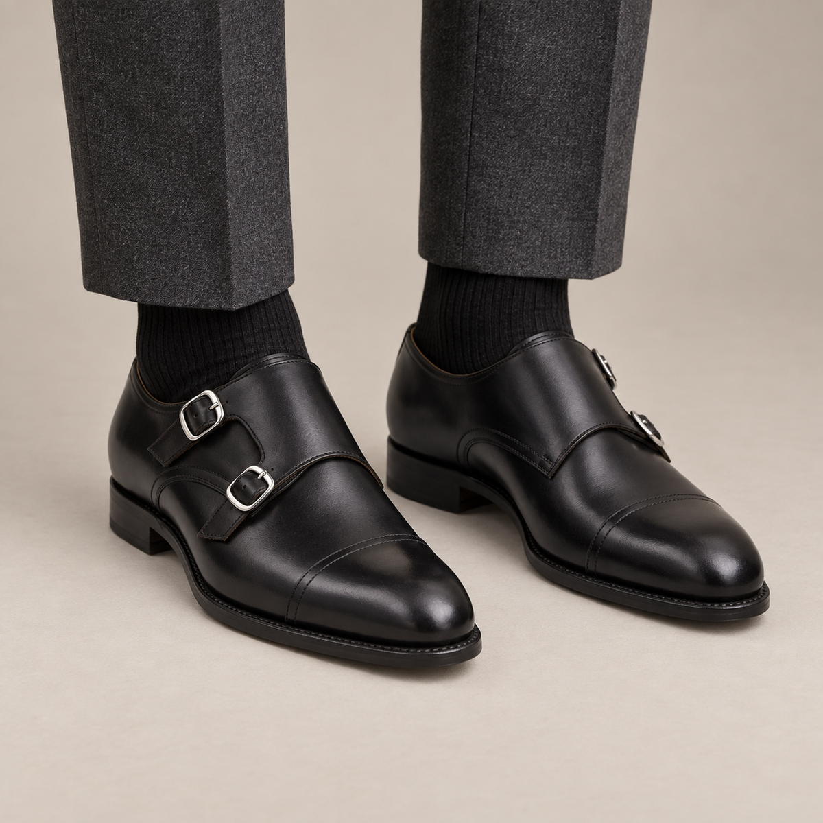 Black Cap-Toe Double Monk Strap Shoes with Polished Finish — DIVINCH hero image