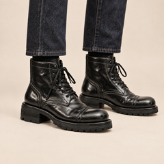 Black Glossy Lug-Sole Cap-Toe Ankle Boot on-foot hero