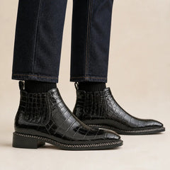 DIVINCH black crocodile Chelsea boot worn on foot