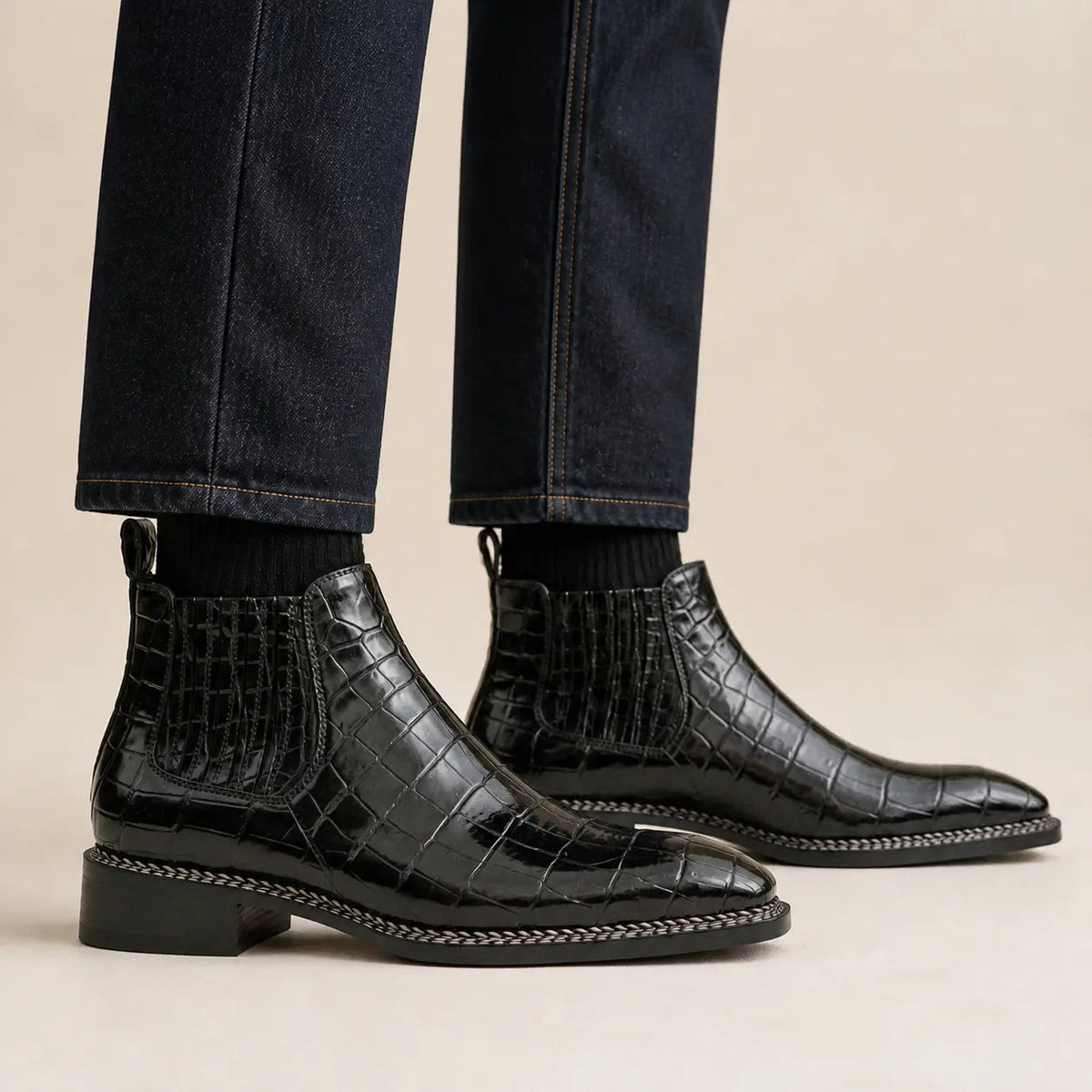 DIVINCH black crocodile Chelsea boot worn on foot