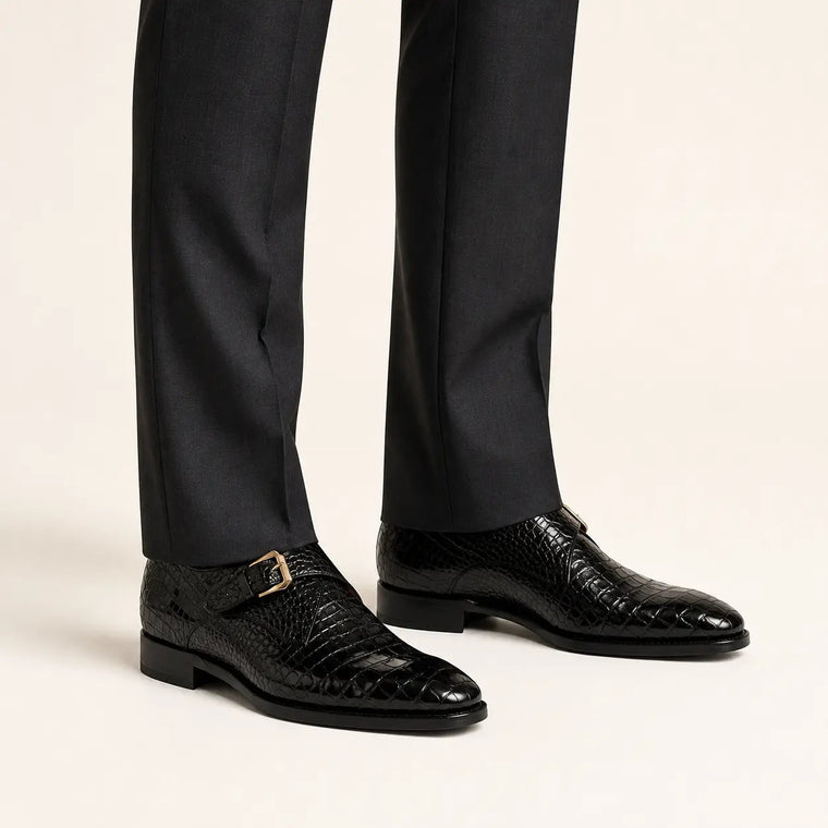 Black Square-Toe Single Monk Shoes with Scale Texture