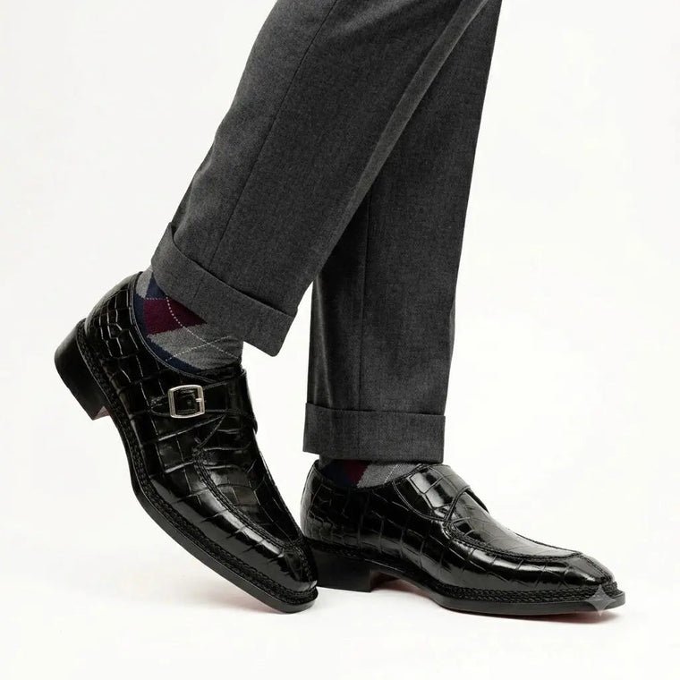 Black Textured Apron-Toe Monk-strap Shoe