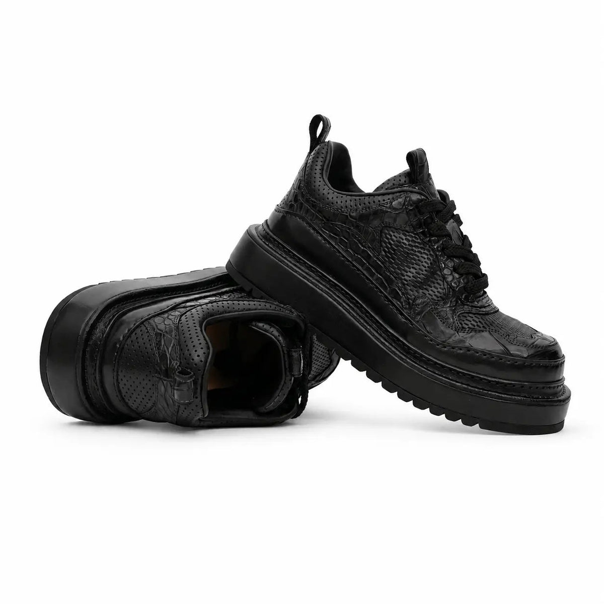 Black Crocodile-Textured Platform Sneaker DIVINCH