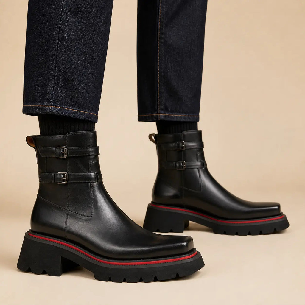 DIVINCH black double-buckle lug Chelsea boot worn on foot