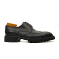Black Glossy Lug-Sole Wingtip Derby Shoe with Toe Medallion DIVINCH