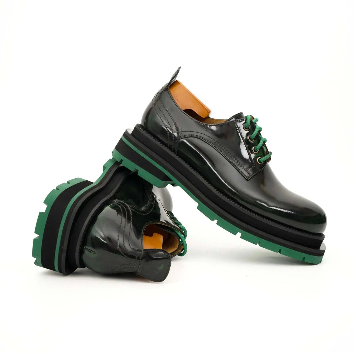 Black-Green Leather Platform Derbies DIVINCH