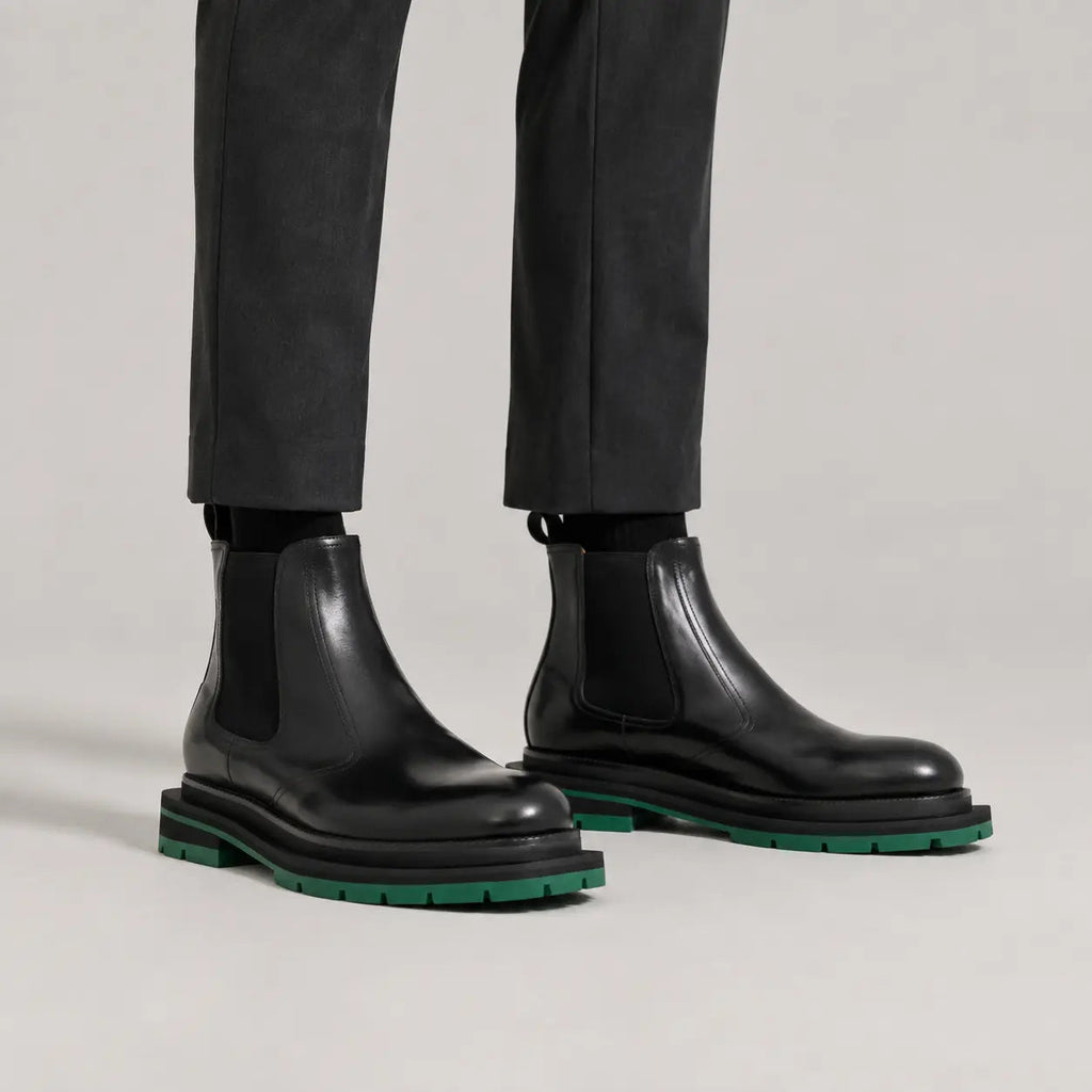 Black Green-Sole Chelsea Boots on-foot product photo