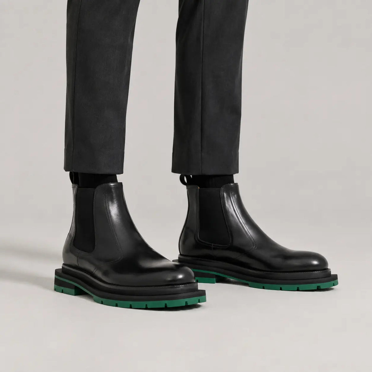 Black Green-Sole Chelsea Boots on-foot product photo