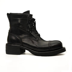 Black Horsehide Cap-Toe Combat Boots DIVINCH