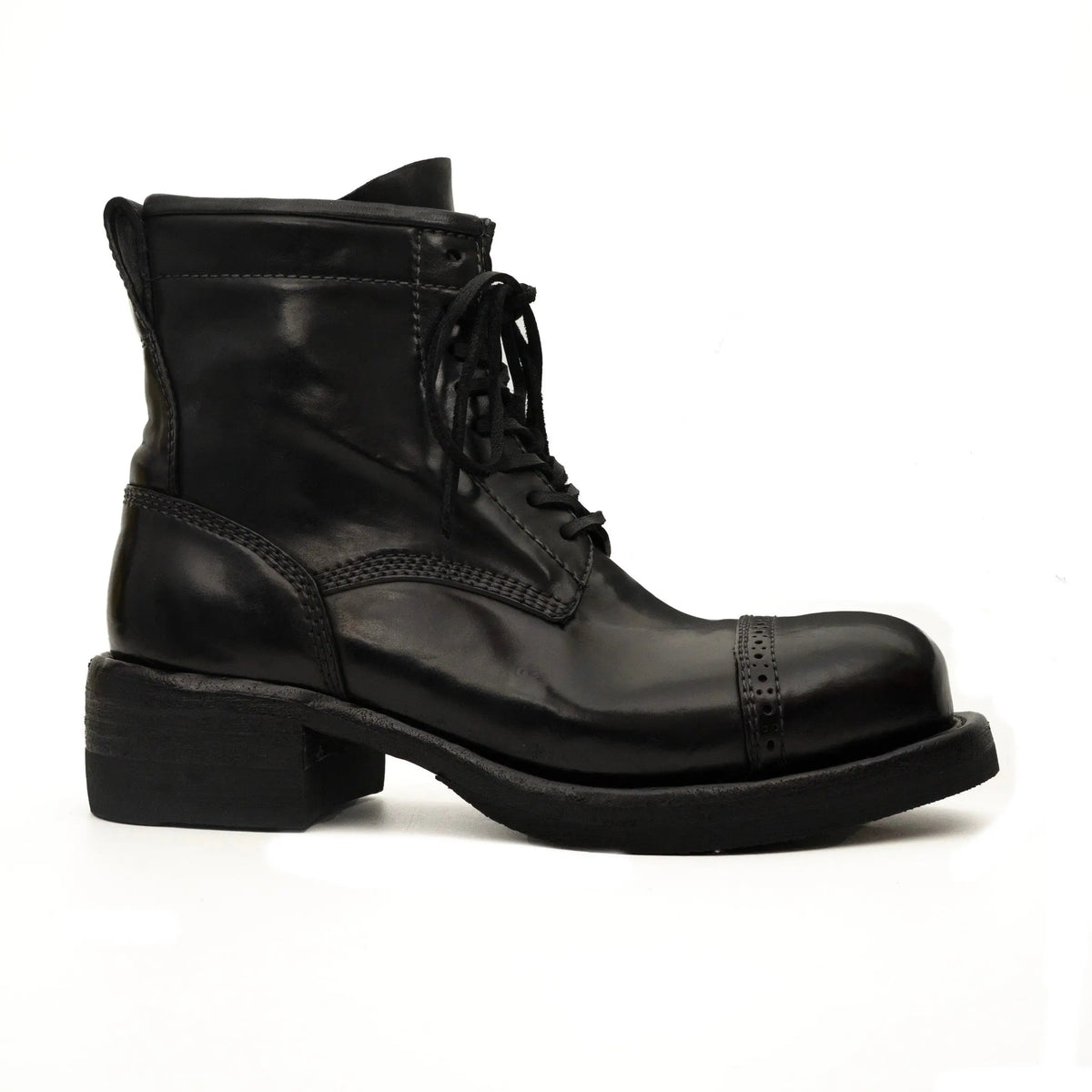 Black Horsehide Cap-Toe Combat Boots DIVINCH