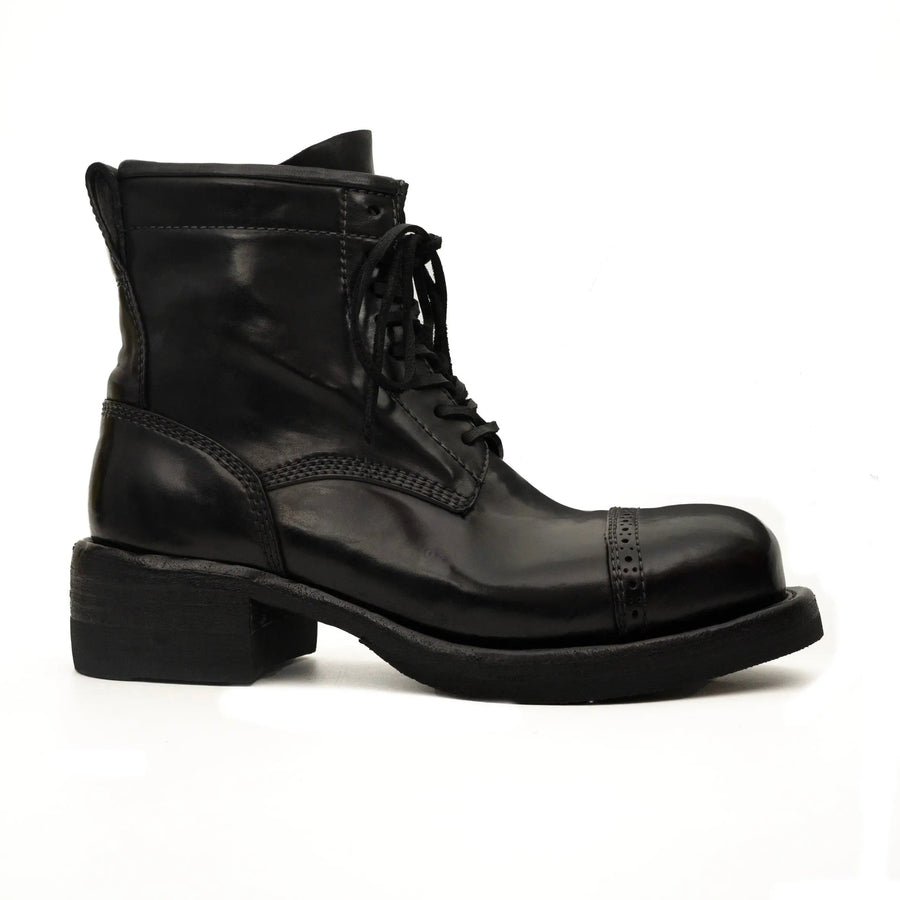 Black Horsehide Cap-Toe Combat Boots DIVINCH