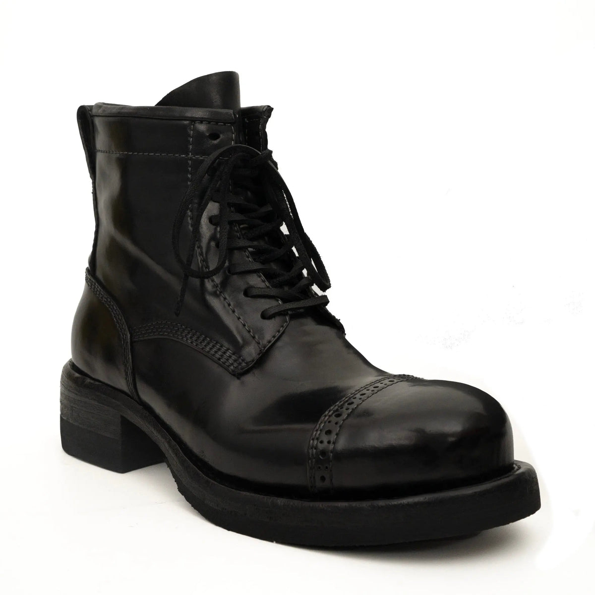 Black Horsehide Cap-Toe Combat Boots DIVINCH