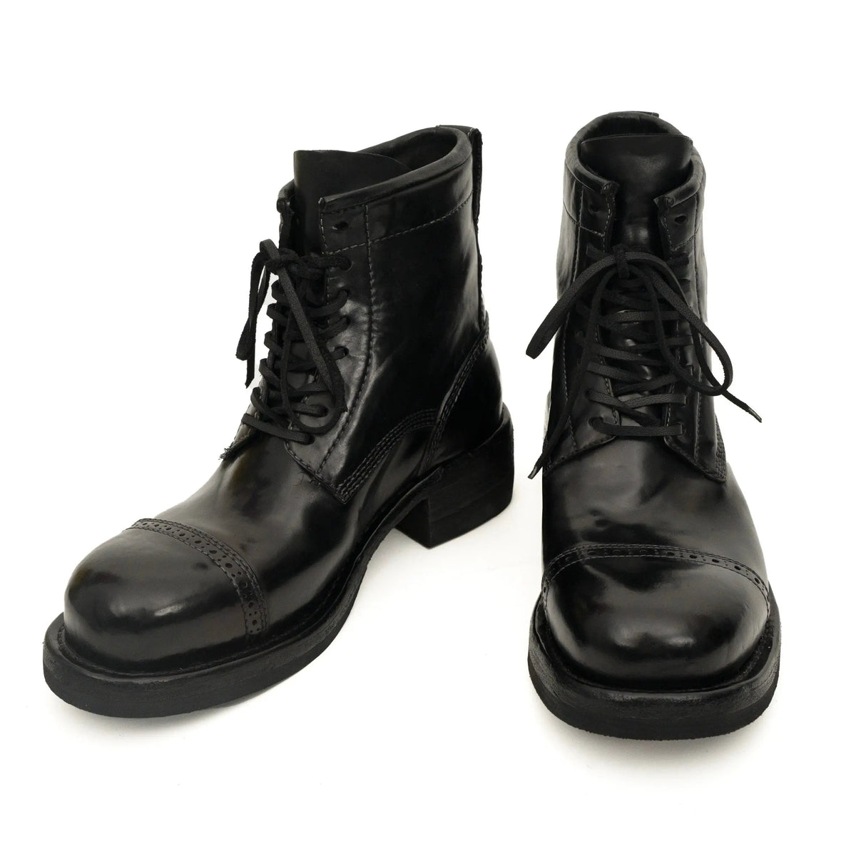 Black Horsehide Cap-Toe Combat Boots DIVINCH