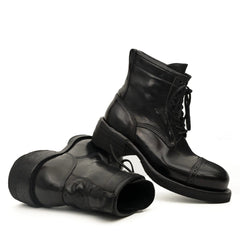 Black Horsehide Cap-Toe Combat Boots DIVINCH