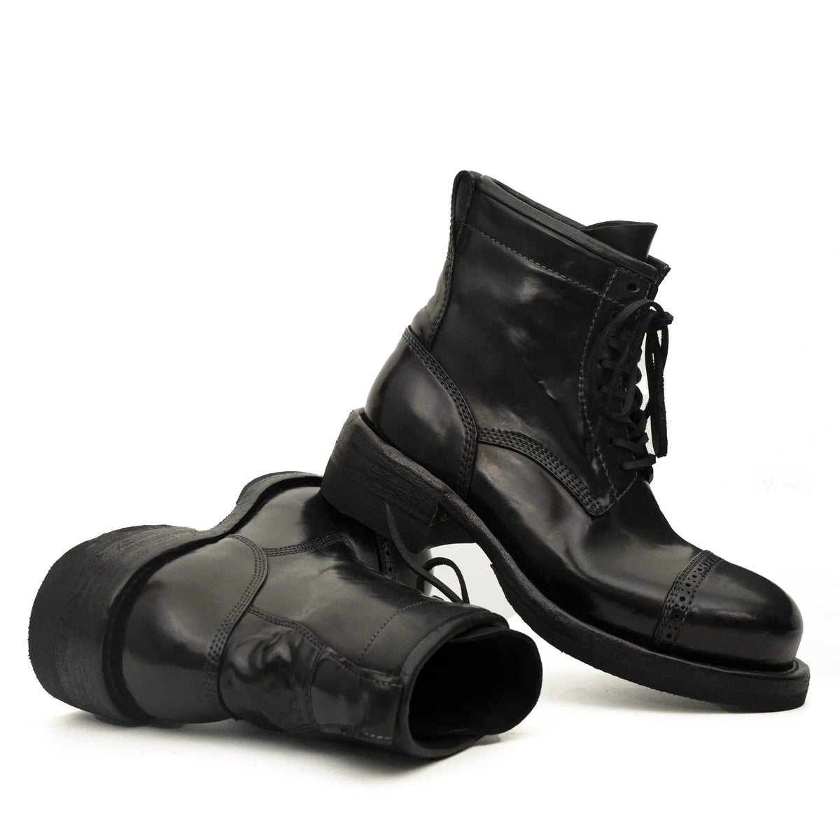 Black Horsehide Cap-Toe Combat Boots DIVINCH