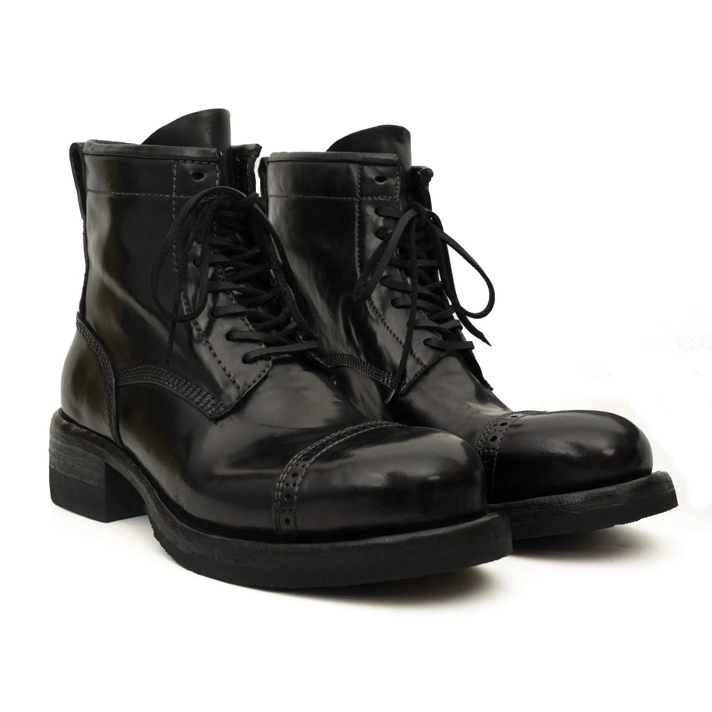 Black Horsehide Cap-Toe Combat Boots DIVINCH