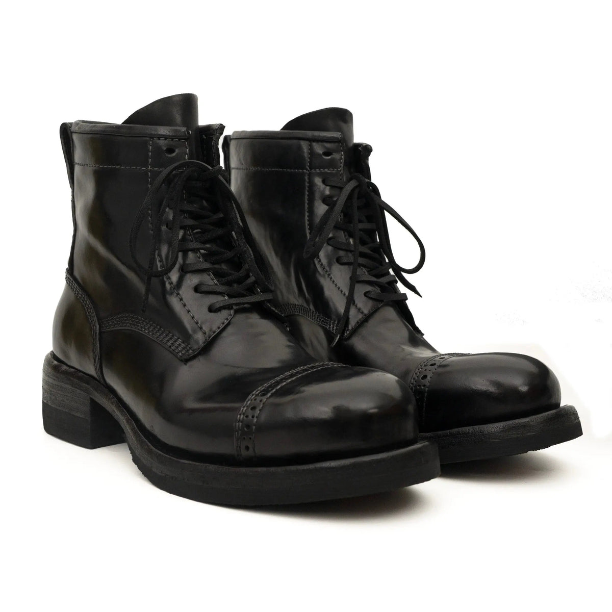 Black Horsehide Cap-Toe Combat Boots DIVINCH