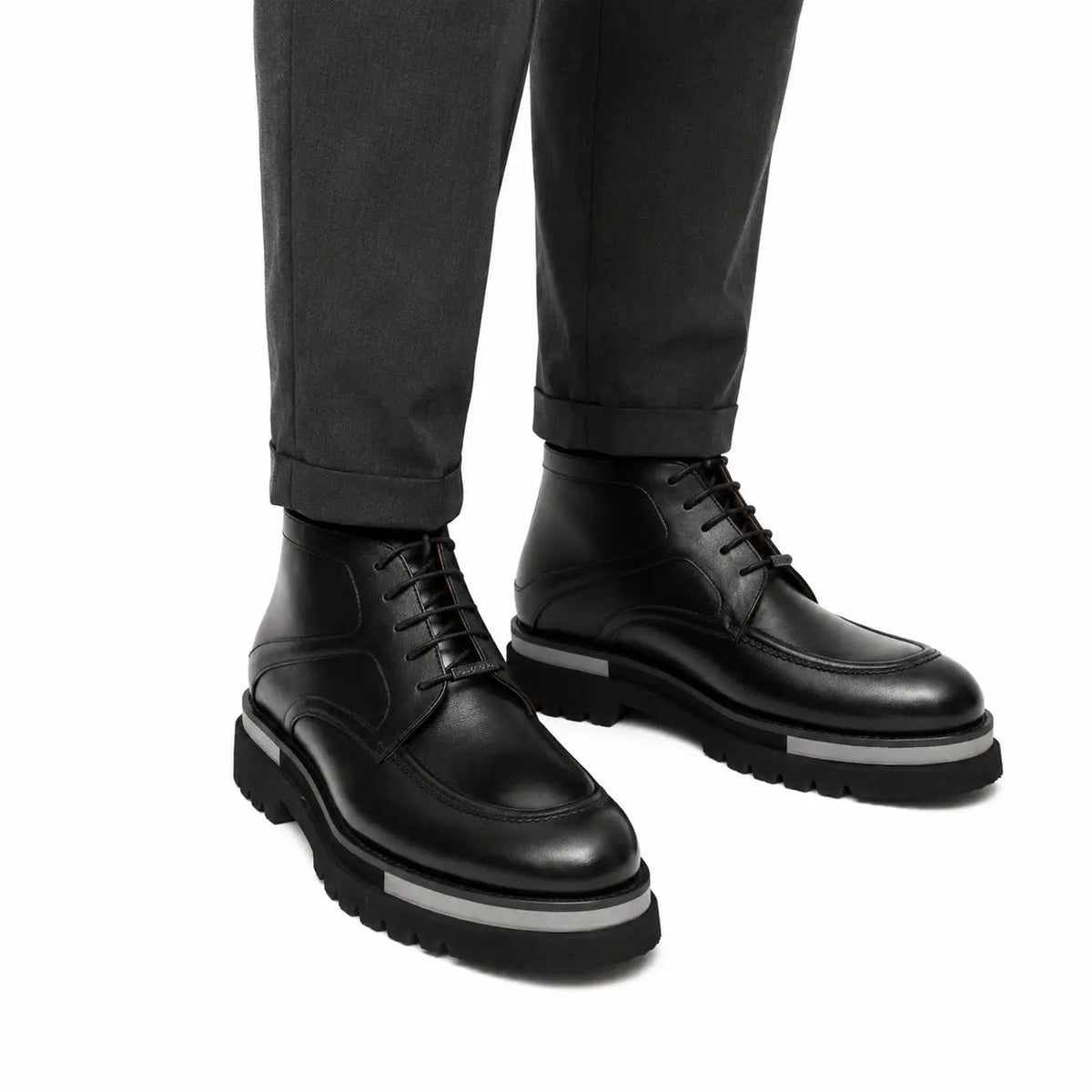 Black Leather Lace-Up Ankle Boots DIVINCH