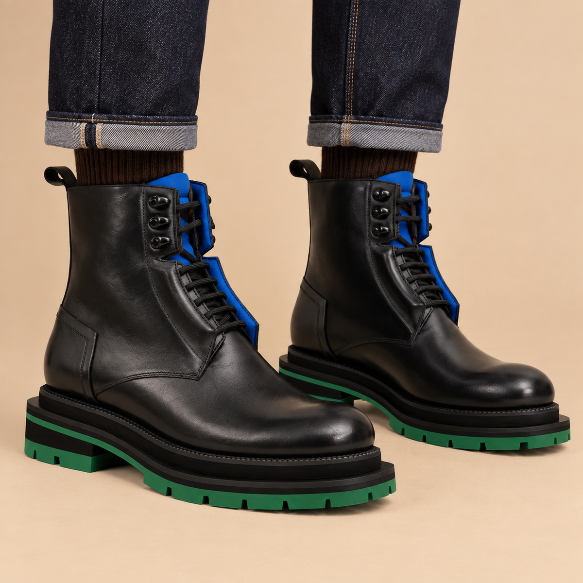 8227BB-L black and blue platform plain-toe ankle boot — balanced on-foot hero