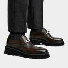 Coffee brown crocodile trim single monk shoes on foot
