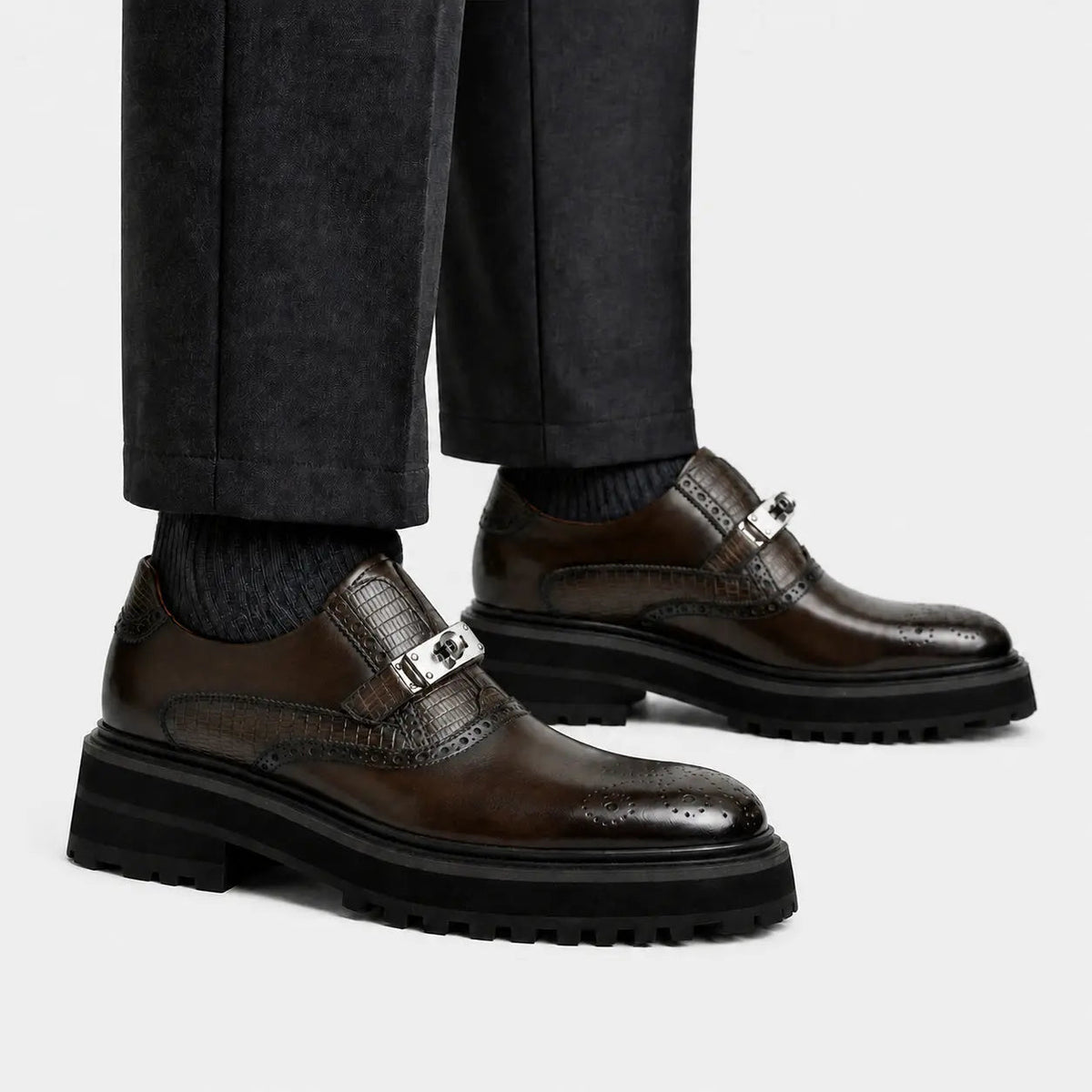 Coffee brown crocodile trim single monk shoes on foot