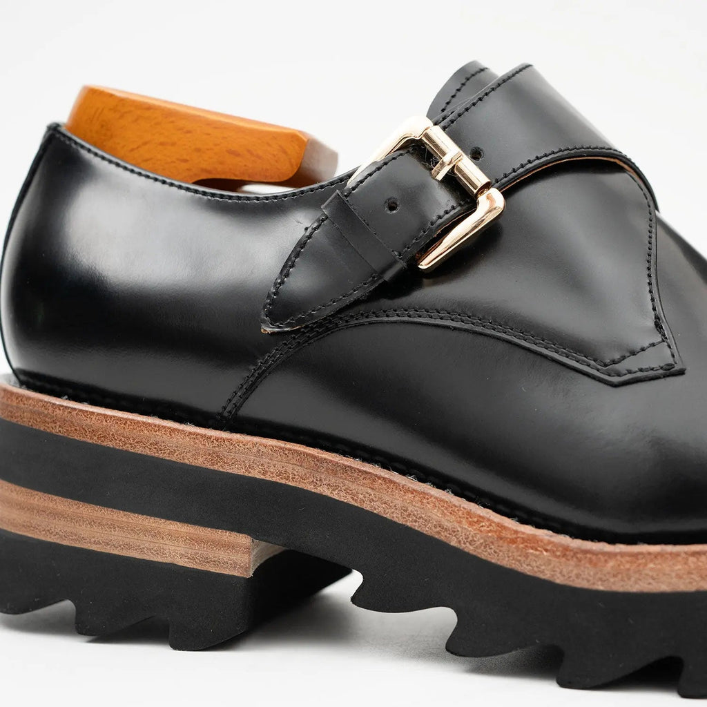 Black Leather Monk Strap Shoes with Chunky Soles DIVINCH