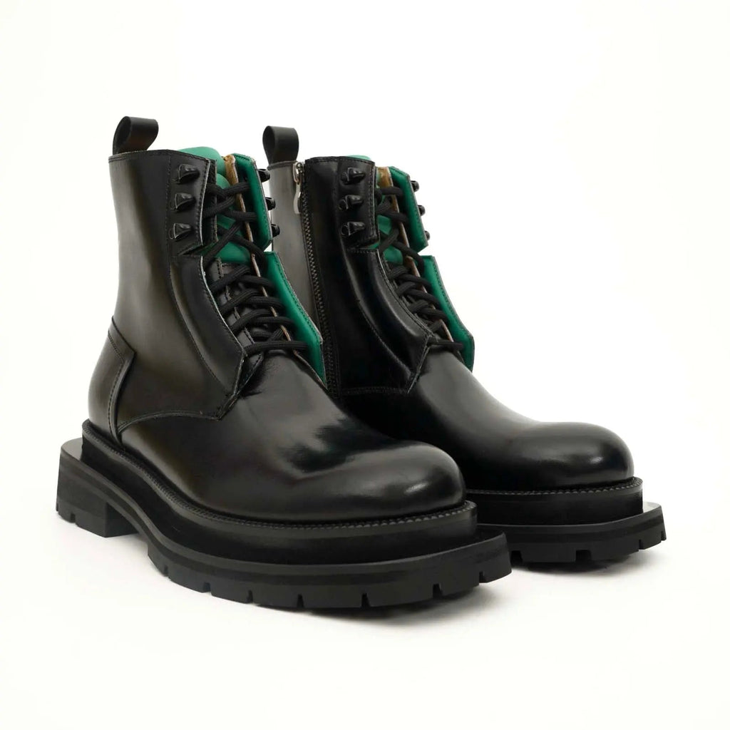 Black Leather Side-Zip Lug Sole Boots DIVINCH