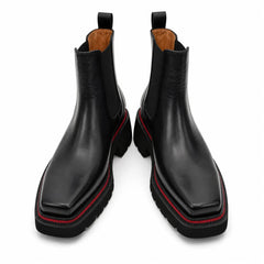 DIVINCH 5036B black lug sole Chelsea boots white background front pair view