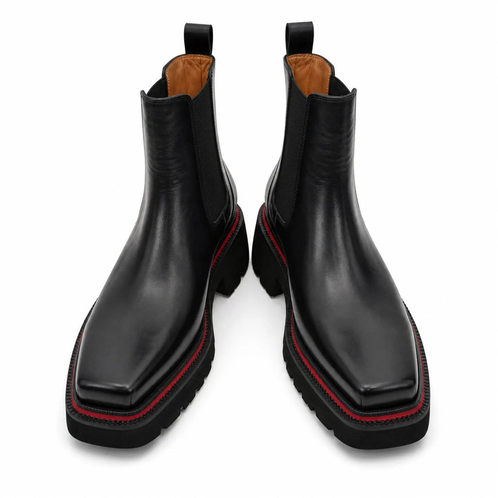 DIVINCH 5036B black lug sole Chelsea boots white background front pair view
