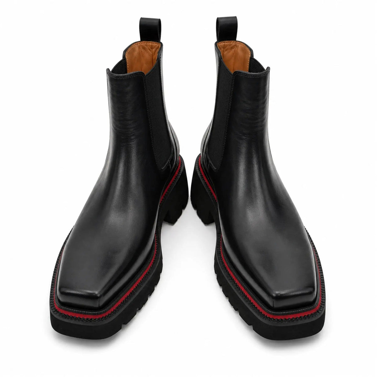 DIVINCH 5036B black lug sole Chelsea boots white background front pair view