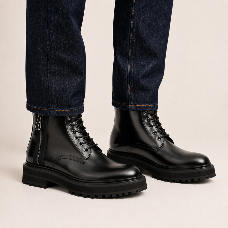 Black Lug Sole Lace-Up Ankle Boot