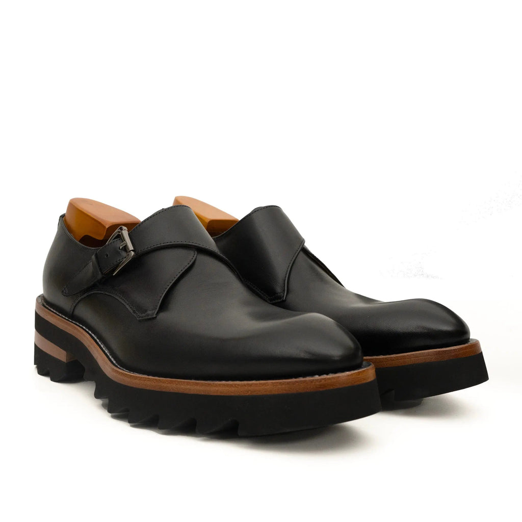 Black Lug Sole Monk Strap Shoes DIVINCH