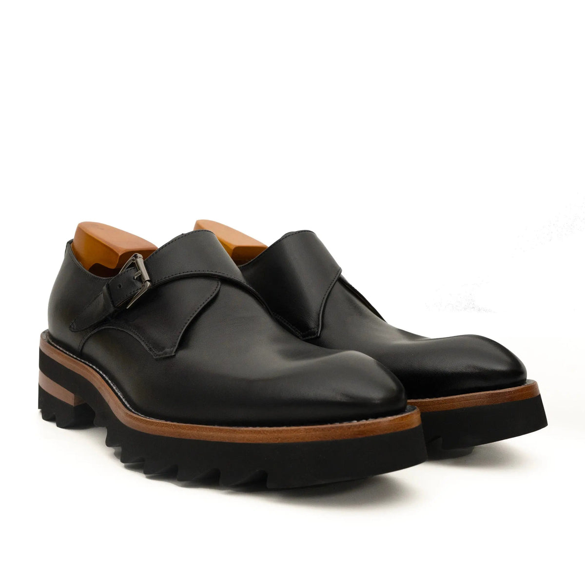 Black Lug Sole Monk Strap Shoes DIVINCH